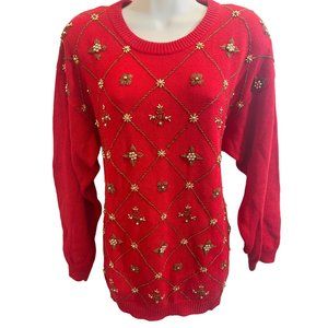 Victoria Harbour Red and Gold Floral Embellished Shoulder pad Vintage Sweater